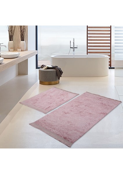 Nova Pembe 2'li Pamuk Kaymaz Tabanlı Banyo Halısı Paspası Seti Püsküllü Klozet Takımı