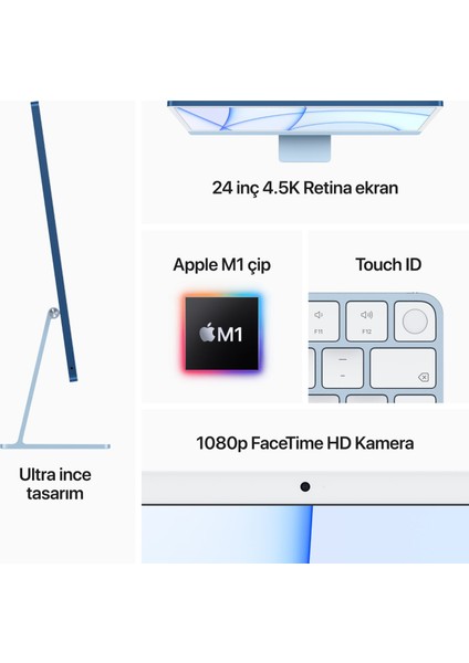 iMac M1 Çip 8C GPU 8GB 256GB SSD macOS 24" 4.5K Retina All In One Bilgisayar MGPC3TU/A Gümüş