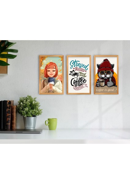 Gift Coffee Tasarımlı Dekoratif 3’lü Retro Ahşap Tablo-1