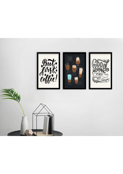 Gift Coffee Tasarımlı Dekoratif 3’lü Ahşap Siyah Çerçeveli Tablo-7