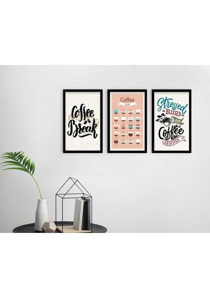 Gift Coffee Tasarımlı Dekoratif 3’lü Ahşap Siyah Çerçeveli Tablo-6