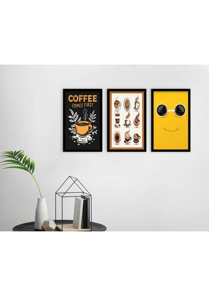 Gift Coffee Tasarımlı Dekoratif 3’lü Ahşap Siyah Çerçeveli Tablo-2
