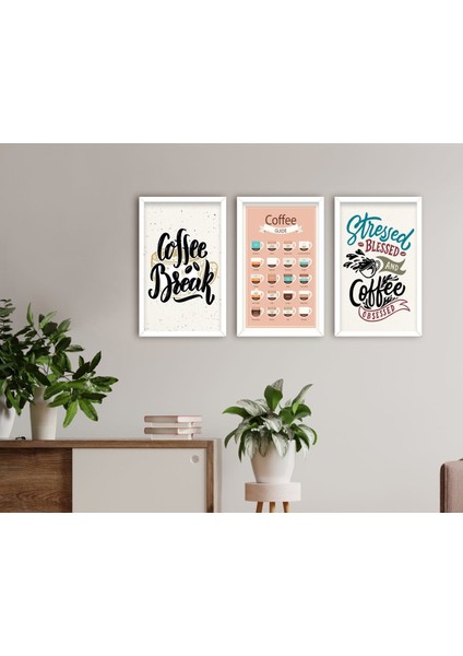 Gift Coffee Tasarımlı Dekoratif 3’lü Ahşap Beyaz Çerçeveli Tablo-6