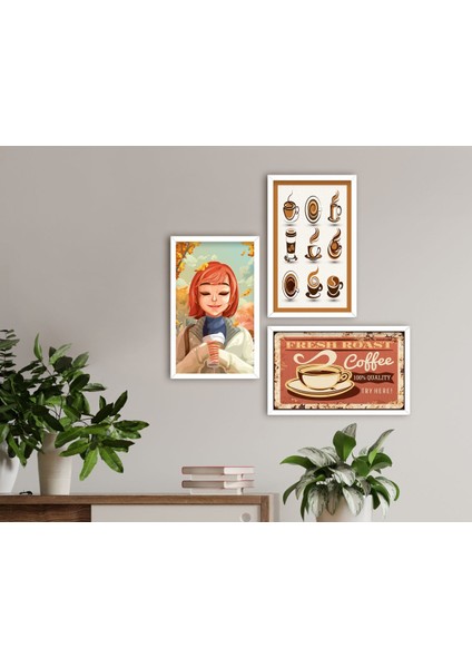 Gift Coffee Tasarımlı Dekoratif 3’lü Ahşap Beyaz Çerçeveli Tablo-12