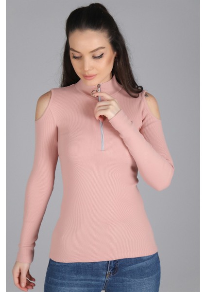 Sweetness Kadın Pudra Omuz Dekolteli Fermuarlı Kaşkorse Bluz
