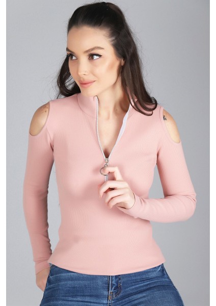 Sweetness Kadın Pudra Omuz Dekolteli Fermuarlı Kaşkorse Bluz modelleri