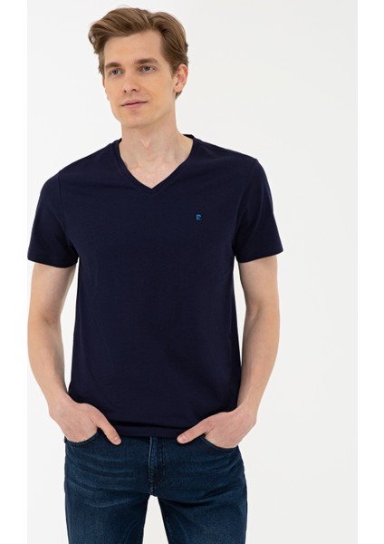Erkek Lacivert Slim Fit Basic V Yaka Tişört 50239846-VR033