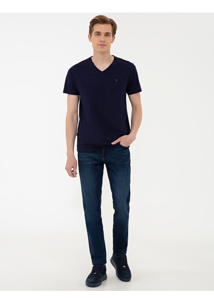 Erkek Lacivert Slim Fit Basic V Yaka Tişört 50239846-VR033