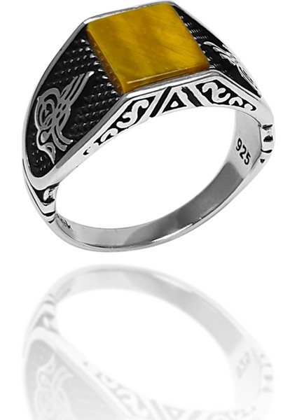 Kaplangözü Taşlı Tuğra Işlemeli Erkek Gümüş Yüzük