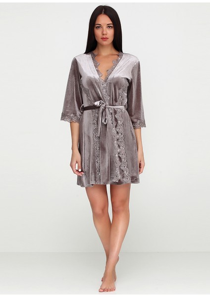 Kadın Kadife Sabahlık Dantelli Kısa