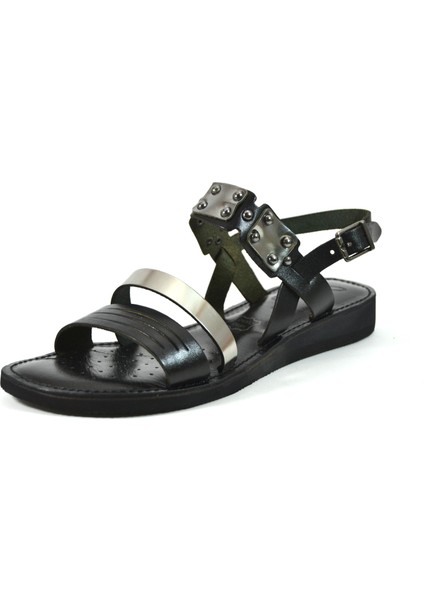 CR.120 Hakiki Deri Siyah Kadın Bodrum Sandalet