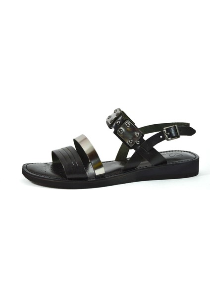 CR.120 Hakiki Deri Siyah Kadın Bodrum Sandalet