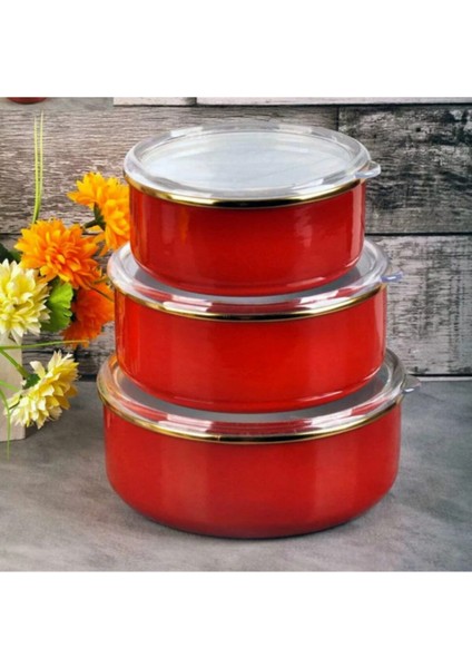 Üçlü Emaye Saklama Kabı Kırmızı Renkli