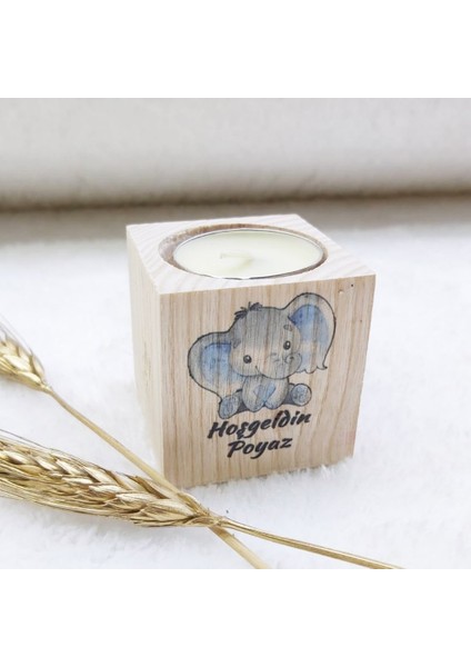 30 Adet Ahşap Mumluk Erkek Bebek Şekeri Fil Uv Baskılı Kalp Desen 5x5