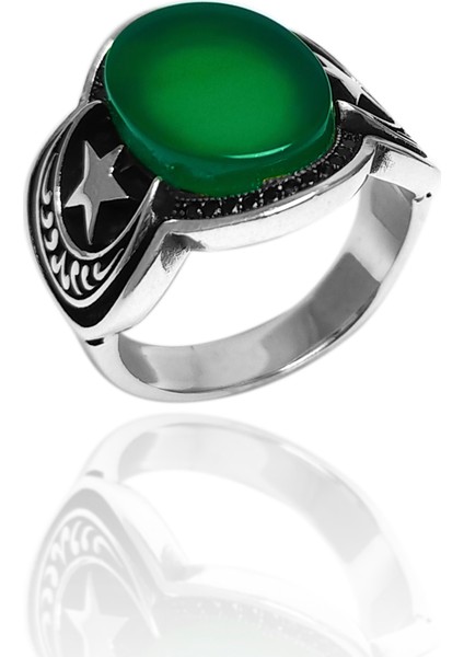 Yeşil Akik Taşlı Ayyıldız Işlemeli Erkek Gümüş Yüzük