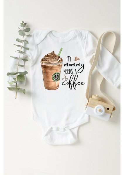 Bebek Beyaz Mommy Needs Coffee Frappe Uzun Kollu Çıtçıtlı
