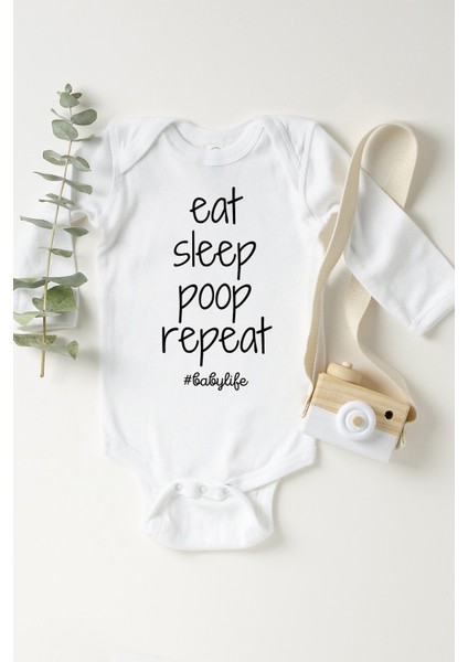 Bebek Beyaz Eat Sleep Poop Repeat Uzun Kol Çıtçıtlı Body