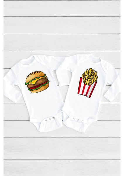 Bebek Beyaz Hamburger Patates 2'li Çıtçıtlı Body Takım