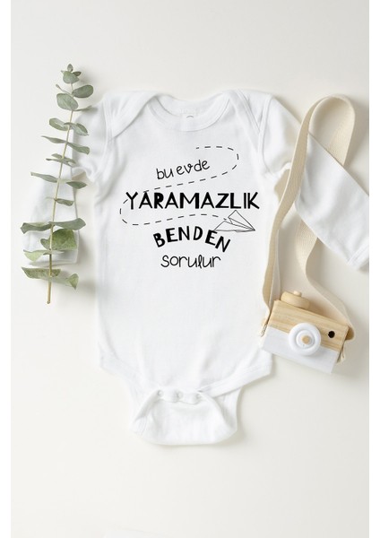 Bebek Beyaz Yaramazlık Uzun Kollu Pamuklu Çıtçıtlı Body