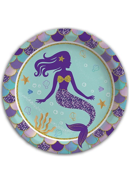 Pırıltılı Deniz Kızı Karton Tabak - 23cm x 8 Adet