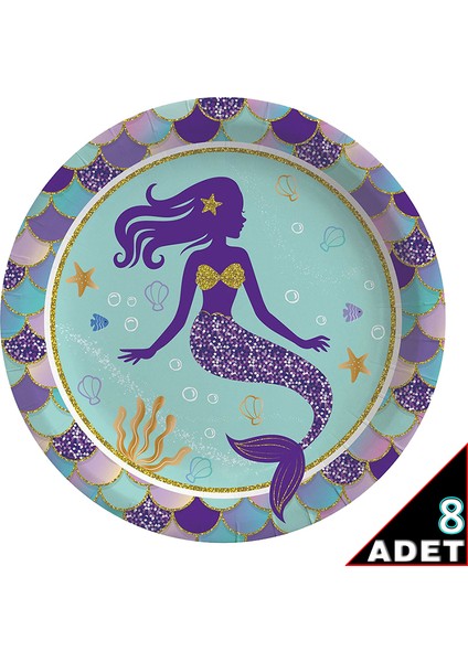 Pırıltılı Deniz Kızı Karton Tabak - 23cm x 8 Adet