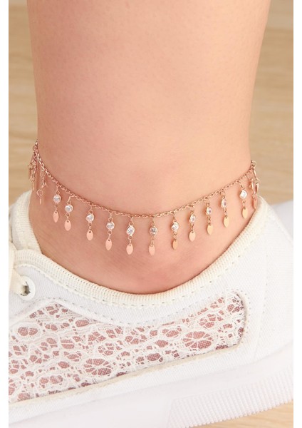 Gümüş Rose Zirkon Taşlı Mekik Pullu Halhal