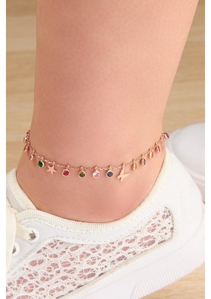 Gümüş Rose Renkli Zirkon Taşlı Kelebek Yıldız Kalp Sonsuzluk Pullu Halhal