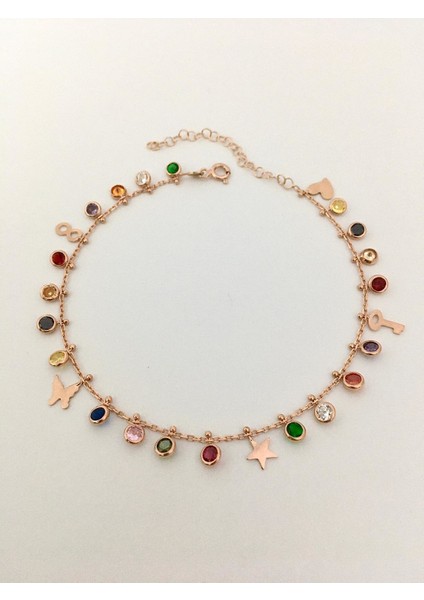 Gümüş Rose Renkli Zirkon Taşlı Kelebek Yıldız Kalp Sonsuzluk Pullu Halhal fiyatları