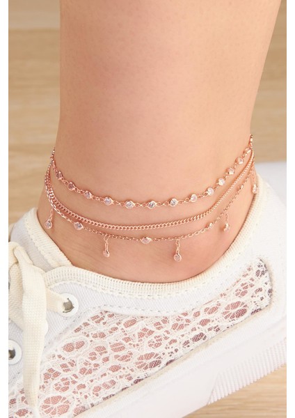 Gümüş Rose Zirkon Taşlı Üç Zincirli Halhal