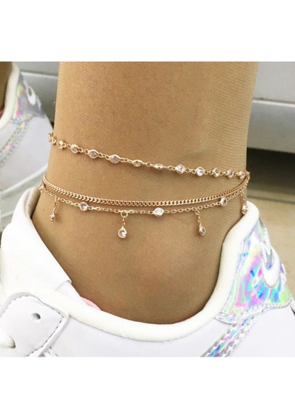 Gümüş Rose Zirkon Taşlı Üç Zincirli Halhal fiyatları