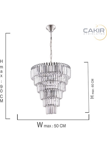 Çakır Aydınlatma Şelale 50'lik Kristal Taşlı 6 Katlı 6'lı Gümüş Krom Sarkıt Avize