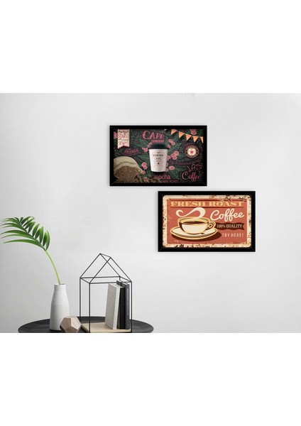 Gift Coffee Tasarımlı Dekoratif 2'li Ahşap Siyah Çerçeveli Tablo-12