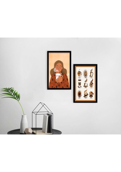 Gift Coffee Tasarımlı Dekoratif 2'li Ahşap Siyah Çerçeveli Tablo-8