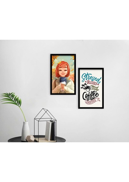Gift Coffee Tasarımlı Dekoratif 2'li Ahşap Siyah Çerçeveli Tablo-1