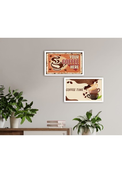 Gift Coffee Tasarımlı Dekoratif 2'li Ahşap Beyaz Çerçeveli Tablo-14