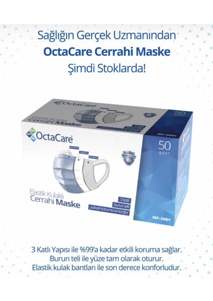 Elastik Kulaklı Hijyenik Paketli Cerrahi Maske 50 Adet - Mavi