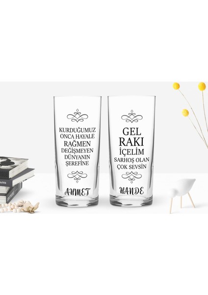 Bk Kişiye Özel Renkli Baskılı Gel Rakı İçelim Tasarımlı Ikili Rakı Bardağı Seti-1