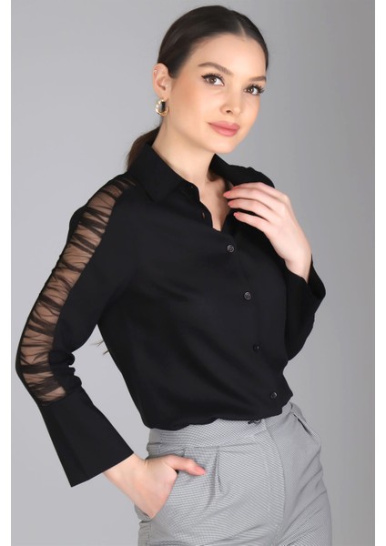 Sweetness Kadın Siyah Kolları Tül Detaylı Likralı Gömlek modelleri