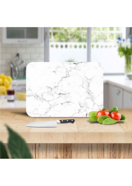30x40 cm Cam Kesme Tahtası Siyah Beyaz Mermer Desenli
