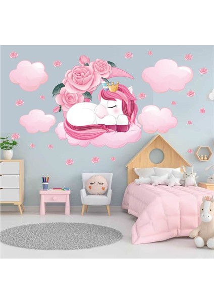 Güller ve Ay Içinde Sevimli Uykucu Unicorn