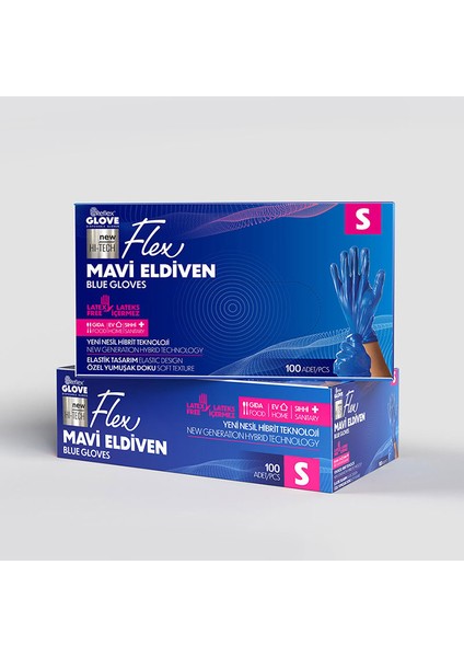 Pudrasız Tek Kullanımlık S Beden Mavi Flex Eldiven 100'LÜ x 20 Kutu