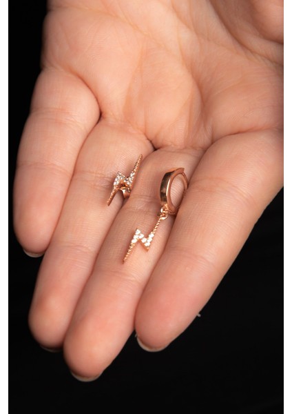 Ikili Şimşek Motifli Kombin Parlak Zirkon Taşlı Rose Altın Kaplama Gümüş Küpe 925 Ayar