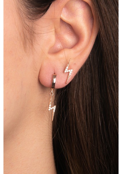 Ikili Şimşek Motifli Kombin Parlak Zirkon Taşlı Rose Altın Kaplama Gümüş Küpe 925 Ayar fiyatları