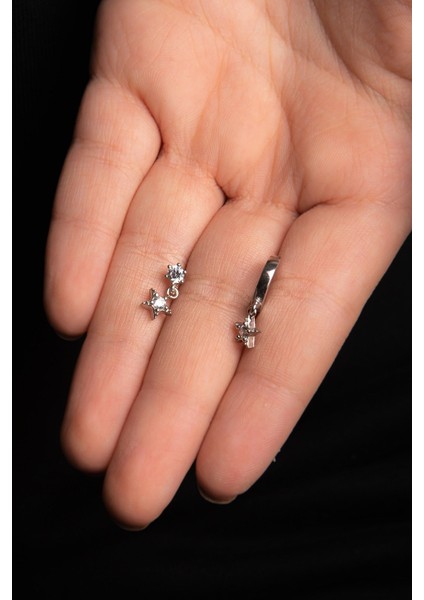 Yıldız Motifli Kombin Parlak Zirkon Taşlı Gümüş Altın Kaplama Gümüş Küpe 925 Ayar