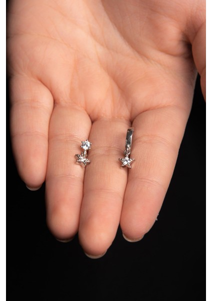 Yıldız Motifli Kombin Parlak Zirkon Taşlı Gümüş Altın Kaplama Gümüş Küpe 925 Ayar fiyatları