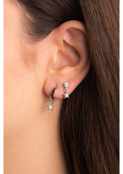 Yıldız Motifli Kombin Parlak Zirkon Taşlı Gümüş Altın Kaplama Gümüş Küpe 925 Ayar modelleri