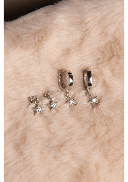 Yıldız Motifli Kombin Parlak Zirkon Taşlı Gümüş Altın Kaplama Gümüş Küpe 925 Ayar fırsatları