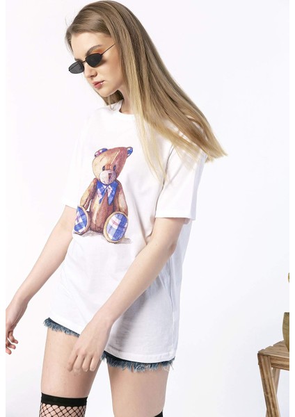 Kadın Oversize Ekose Ayıcık Baskılı Tshirt fırsatları
