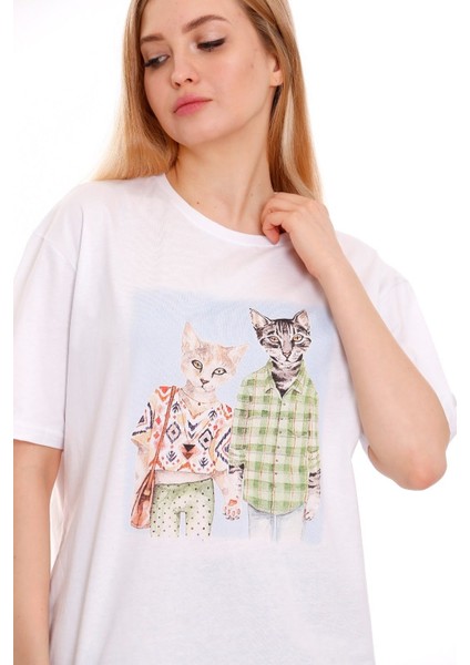 Kadın Oversize Cat Couple Baskılı Tshirt