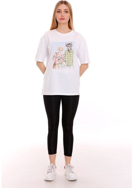 Kadın Oversize Cat Couple Baskılı Tshirt